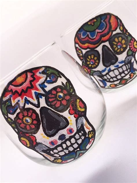 Sugar Skull Hand Painted Wine Glasses Stemless Set Skull Barware Day Of The Dead Decor