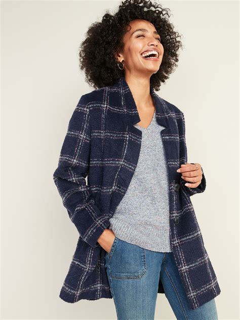relaxed textured plaid button front coat for women old navy