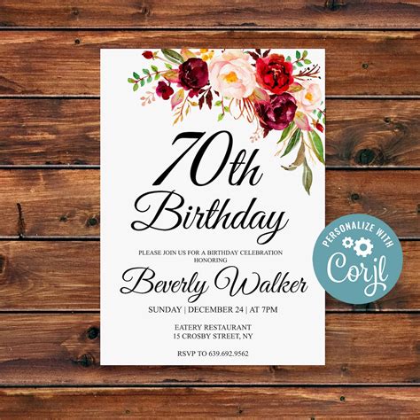 Editable 70th Birthday Invitation Any Age Women Birthday Etsy