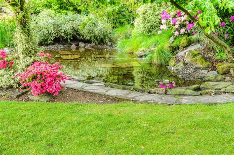 Landscaped Garden Scene With Pond High Quality Nature Stock Photos