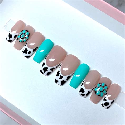 Western Cow Print Nails Press On Nails Coffin Ballerina Etsy