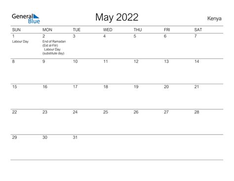 Kenya May 2022 Calendar With Holidays