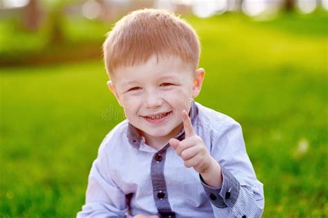 Cheerful Little Boy Sitting On The Grass In The Park Stock Image
