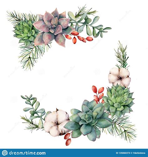 Watercolor Winter Bouquet With Succulents Tree Branch