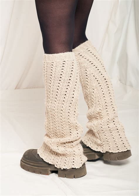 Reworked Leg Warmers Y2k Knitted Lettuce Hem Flares In Beige Pop Sick Vintage