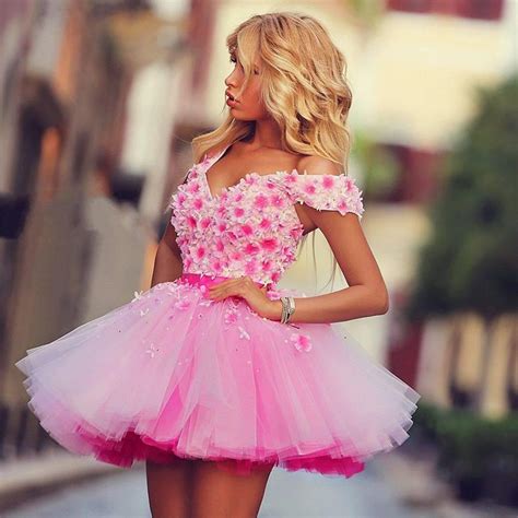 Cute Pink Mini Short Cocktail Dresses Flower Appliques Prom Dresses