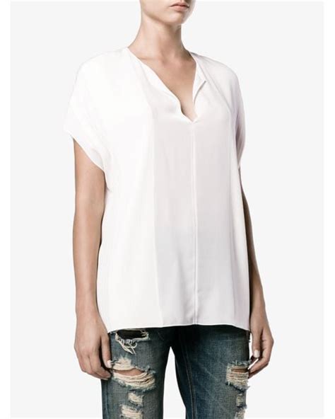 Vince Silk Blouse With Split Neck In White Off White Lyst