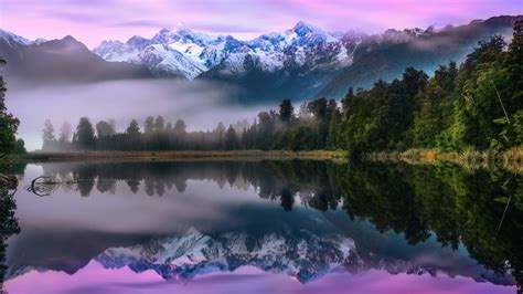 Wallpaper Snow Mountains Pink Sky Lake Forest