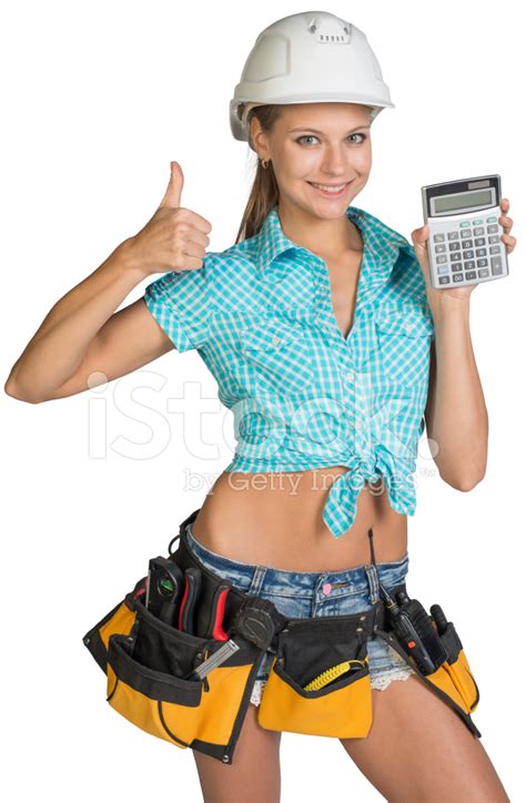 Woman In Hard Hat And Tool Belt Showing Calculator Giving Stock Photo