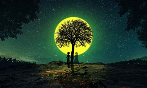 Download Silhouette Tree Full Moon Couple Fantasy Love Hd Wallpaper By