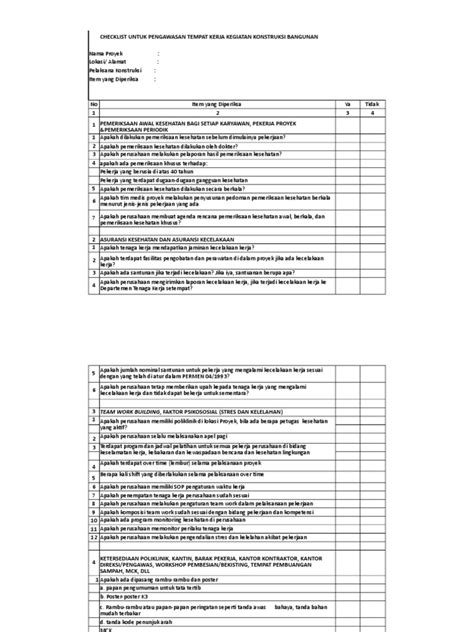 Checklist Inspeksi Kesehatan And Lingkungan Kerja Pdf