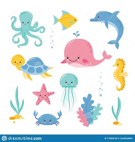 Cute Sea Creatures And Animals Vector Icons Isolated On