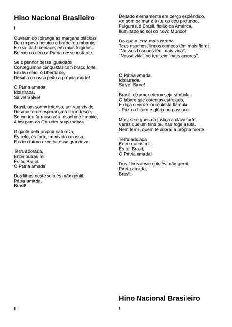 Quando a parte instrumental inicial começar, cante a letra abaixo. Hino Nacional Brasileiro para Baixar em PDF - Letra, Cifra ...