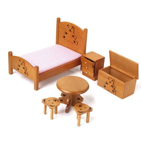 112 Doll House Miniature Furniture Wooden Bedroom For Kids Wood Color