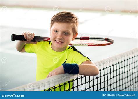 Cheerful Male Kid With Tennis Racquet Stock Photo Image Of Caucasian