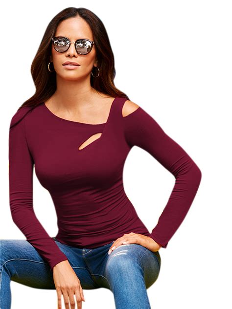 Lallc Womens Cold Shoulder Tops Long Sleeve T Shirts Bodycon Skinny Cut Out Blouse Walmart
