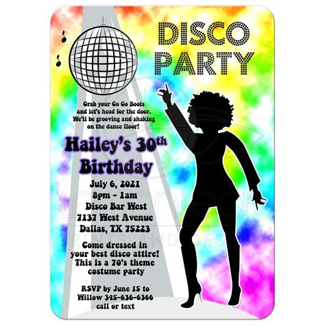 Rainbow Disco Ball 70s Retro Theme Any Age Birthday Party Invitation