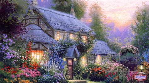 Beautiful Cottage Flowers Light House Nature Trees