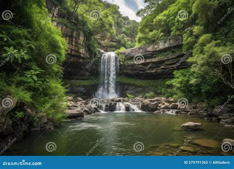 Majestic Waterfalls Surrounded by Lush Greenery in the Wilderness Stock