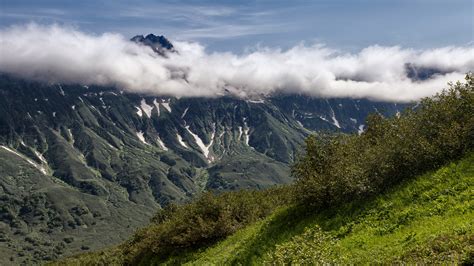 Russia Mountains Shrubs Clouds Kamchatka Nature Wallpapers Hd