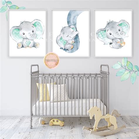 3 Mint Elephant Wall Art Print Nursery Baby Boy Girl Gender Neutral Ro