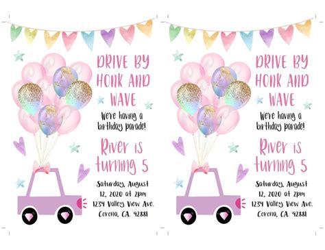 Pink Drive By Kids Birthday Parade Invitation Template Etsy