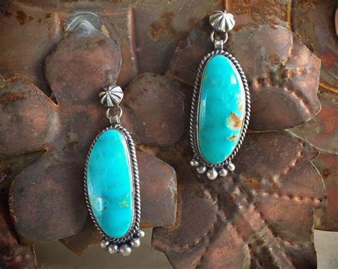 Vintage Sterling Silver Long Turquoise Earrings For Women Signed
