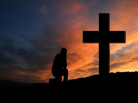 Cross Sunset Silhouette Human Kneeling Knee Pray Prayer