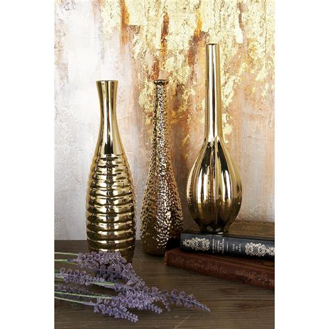 12 In Modern Aluminum Gold Ceramic Decorative Vases Set Of 3 92558