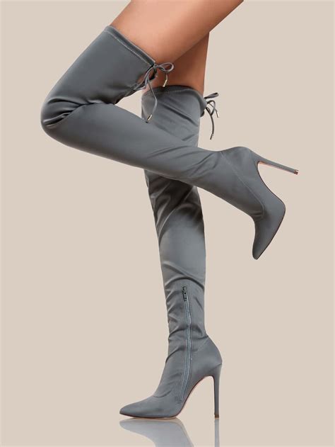 Solid Point Toe Thigh High Boots Grey Makemechic