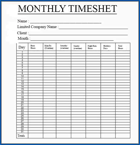 Free Timesheet Template In Excel Word And Pdf Weekly And Monthly