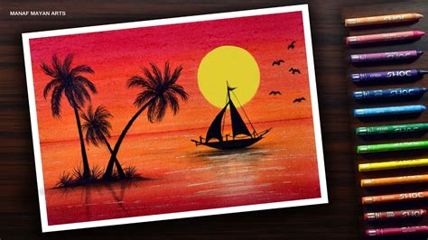 Sunset Scenery Drawing Tutorial For Beginners With Wax Crayons 197