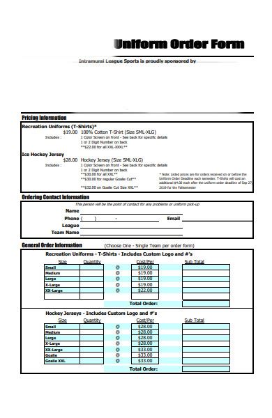 Free 22 Uniform Order Forms In Pdf Ms Word Xls