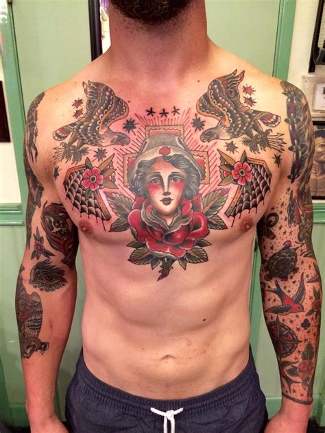 Traditional chest piece by Aaron Hodges @ Spider Murphy's Tattoo in San