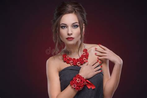 Studio Portrait Elegant Girl Handmade Ornaments Gradient Black Red