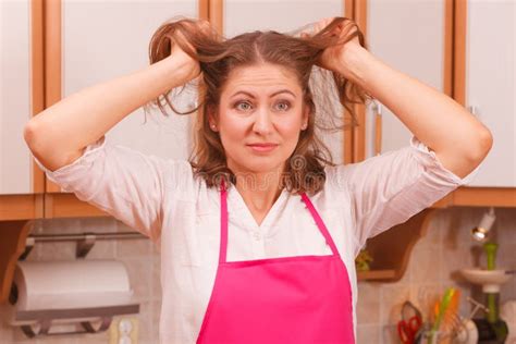 Unhappy Housewife In Kitchen Stock Image Image Of Cooking Face