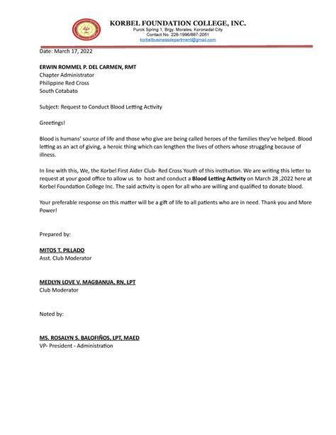 Request Letter Blood Letting Korbel Foundation College Inc Purok