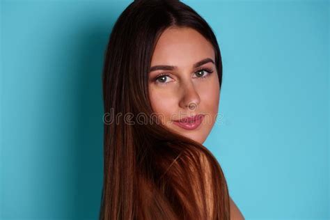 Beautiful Woman With Natural Make Up Over Blue Background Healthy