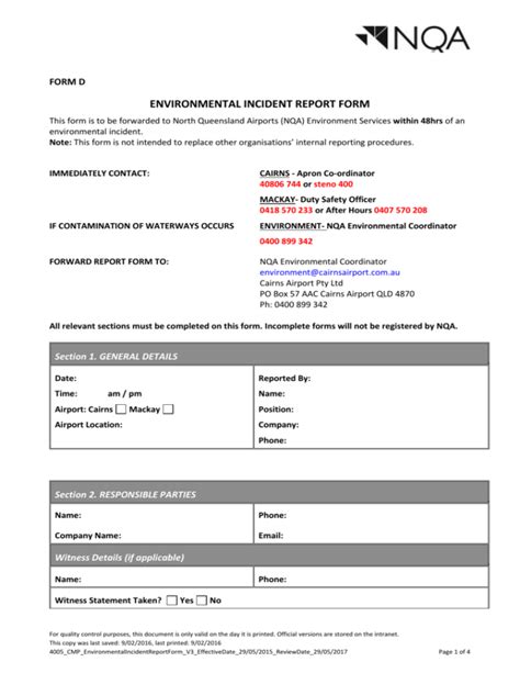 To Environmental Incident Report Form D
