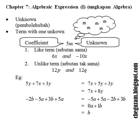 Nota Matematik Tingkatan 1 Bab 7 Ungkapan Algebra Algebraic