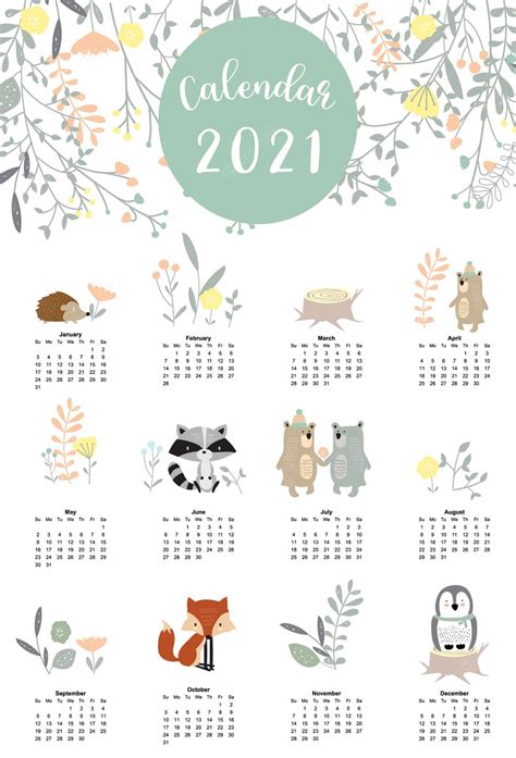 Premium Vector Cute Woodland Calendar 2021 With Bear Skunk Penguin