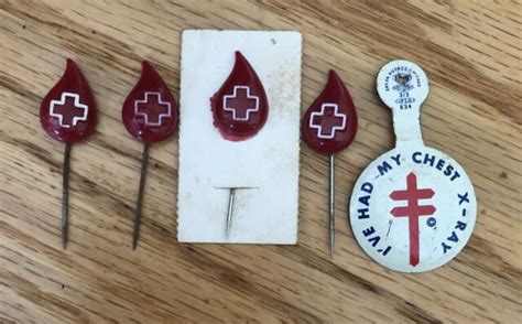 4 Tiny Red Cross Blood Drop Stick Pins Blood Donor Advertising Chest X