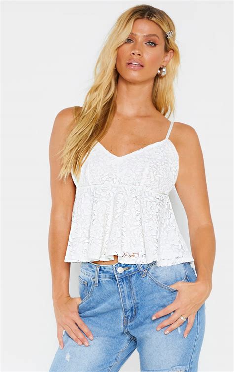 White Lace Peplum Strappy Cami Top Tops Prettylittlething