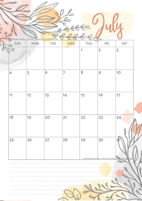 July 2021 Calendar Pretty Printable Template Cute Freebies For You