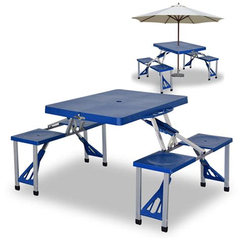 Outdoor Folding Camping Table With 4 People Chair Umbrella Hole