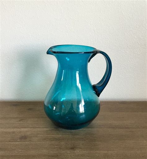 Vintage Blue Glass Pitcher Hand Blown Turquoise Blue Glass