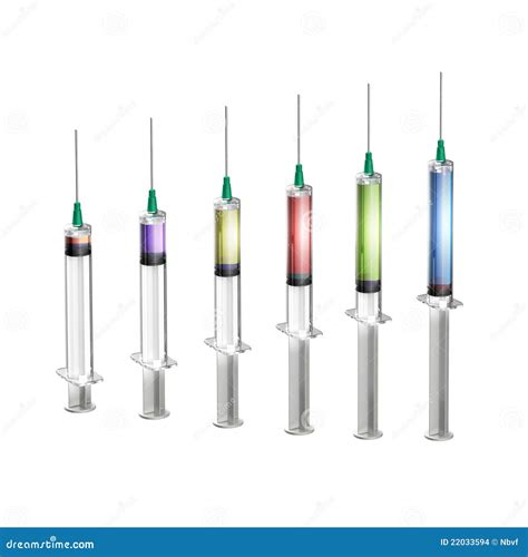 Set Of Six Syringes Full Of Different Liquids Stock Illustration