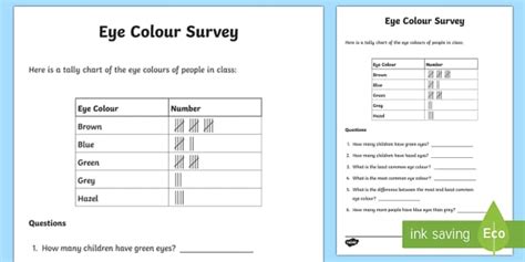 Eye Colour Tally Frequency Table Worksheet Teacher Made