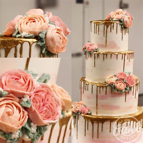 Buttercrean Flower With Gold Drip Wedding Cake