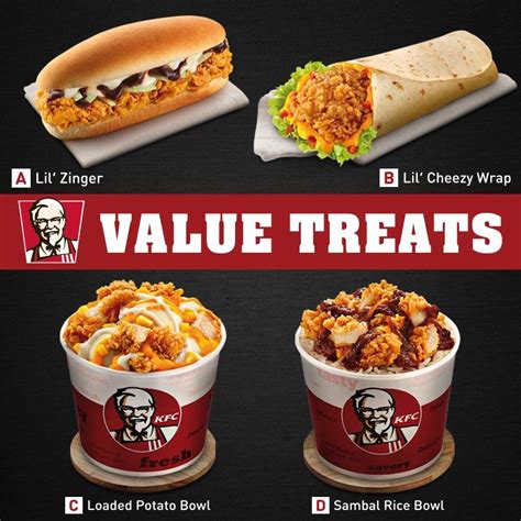 Do note below is the old pricing as effective 1 june 2018, there is no more gst hence you should expect the food to cost less (by about 6%). KFC Value Treats 最低从RM 3.50起 - WINRAYLAND